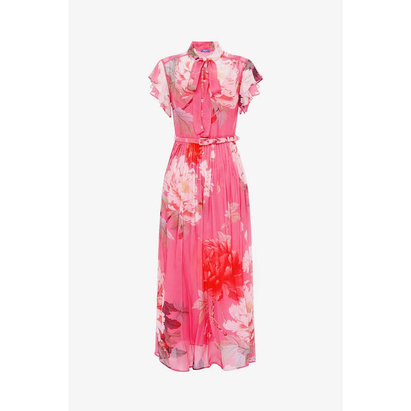 LEO LIN Grace Flutter Sleeve Midi Dress - Peony Print In Fuchsia image number 2